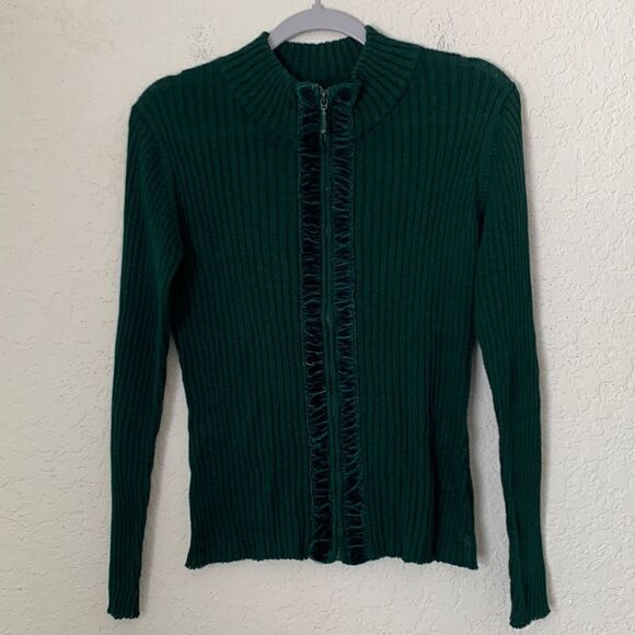 Coldwater Creek Full Zip Velor Trim Mock Neck Cardigan Sweater Size S - Picture 2 of 6